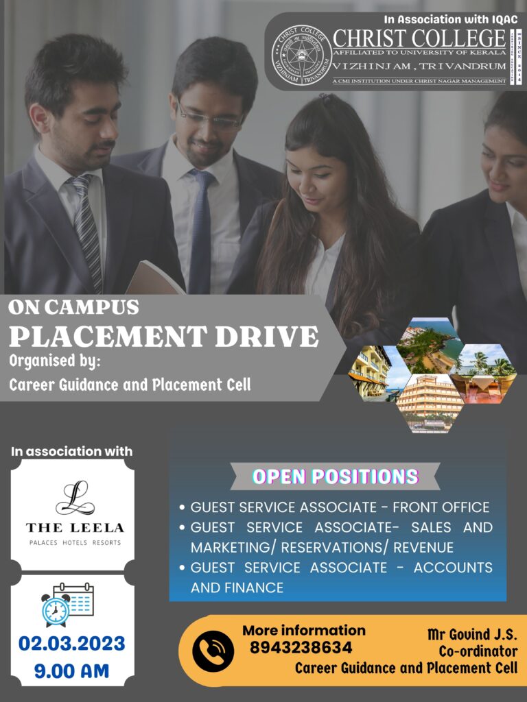 ON CAMPUS PLACEMENT DRIVE IN ASSOCIATION WITH THE LEELA – A RAVIZ HOTEL, KOVALAM & ASHTAMUDI