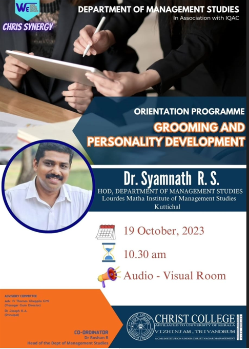 A session on the orientation programme on  Grooming and Personality Development : Chris Synergy
